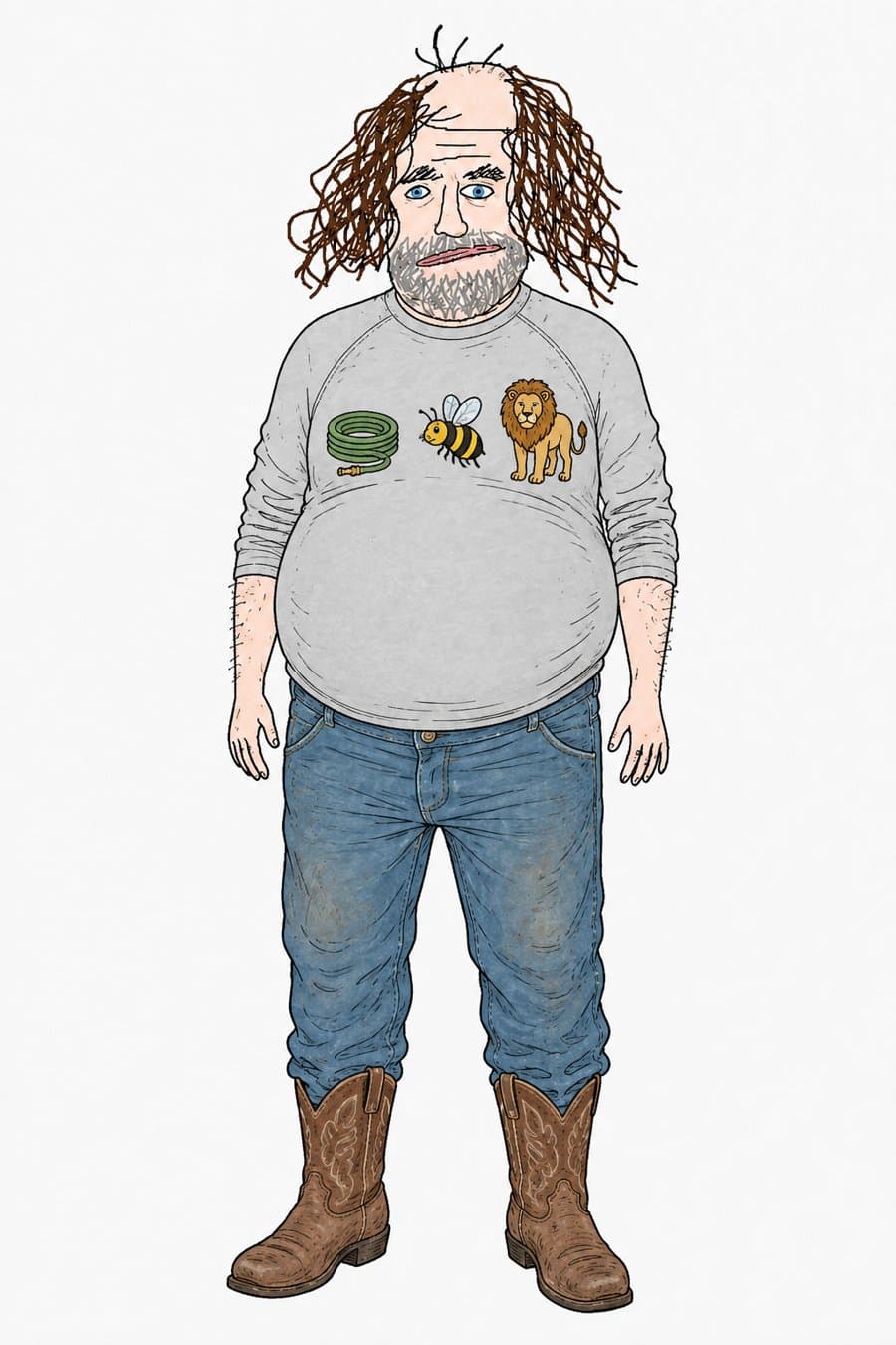 Bird, standing. Wild hair, gray raglan shirt with a hose, a bee, and a lion on it, jeans, cowboy boots.